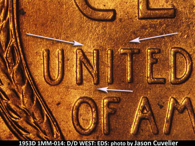 Die-stage A marker on 1953D•1MM•014 (1953 Repunched Mint Mark).