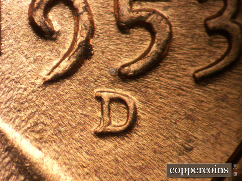1953 Lincoln cent obverse, CopperCoins die 1953D•1MM•014.