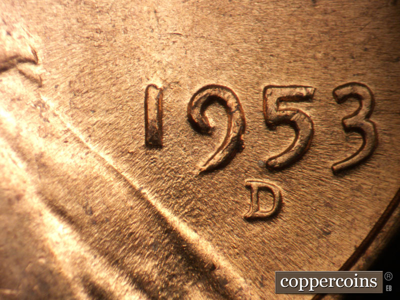 Die-stage B marker on 1953D•1MM•014 (1953 Repunched Mint Mark).