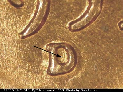 Die-stage A marker on 1953D•1MM•015 (1953 Repunched Mint Mark).