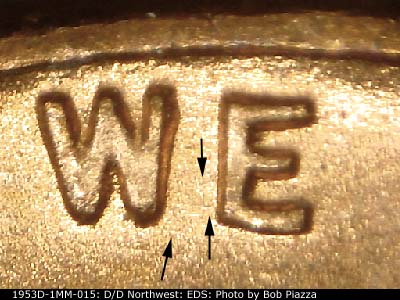 Die-stage A marker on 1953D•1MM•015 (1953 Repunched Mint Mark).
