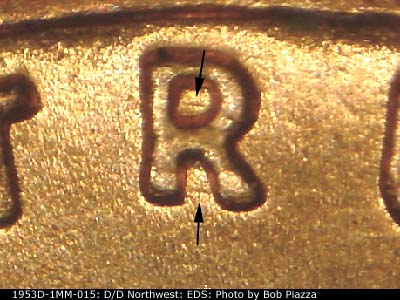 Die-stage A marker on 1953D•1MM•015 (1953 Repunched Mint Mark).