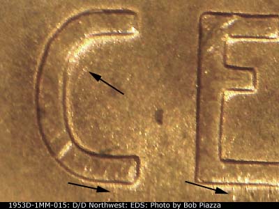 Die-stage A marker on 1953D•1MM•015 (1953 Repunched Mint Mark).