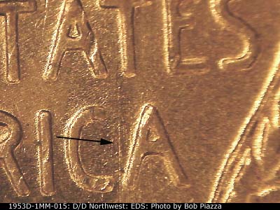 Die-stage A marker on 1953D•1MM•015 (1953 Repunched Mint Mark).