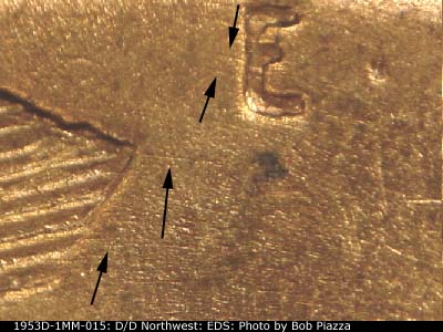 Die-stage A marker on 1953D•1MM•015 (1953 Repunched Mint Mark).