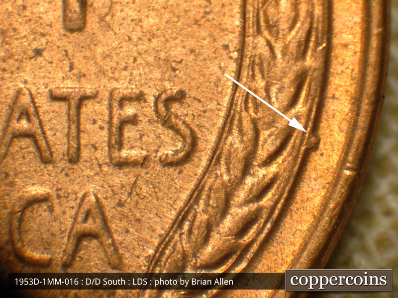 Die-stage C marker on 1953D•1MM•016 (1953 Repunched Mint Mark).
