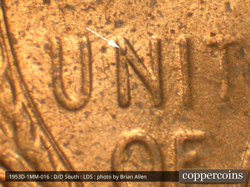 Die-stage C marker on 1953D•1MM•016 (1953 Repunched Mint Mark).