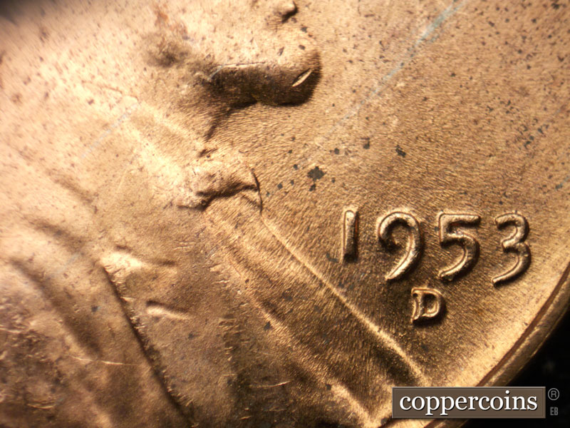 Die-stage B marker on 1953D•1MM•018 (1953 Repunched Mint Mark).