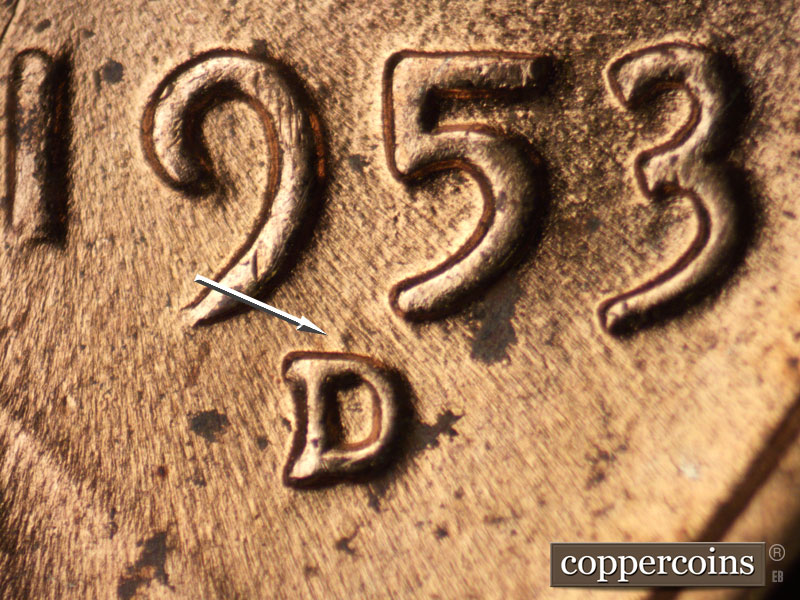 Die-stage C marker on 1953D•1MM•018 (1953 Repunched Mint Mark).
