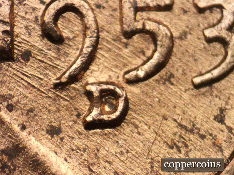 1953 Lincoln cent obverse, CopperCoins die 1953D•1MM•019.