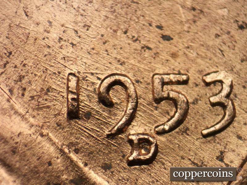 Die-stage B marker on 1953D•1MM•019 (1953 Repunched Mint Mark).