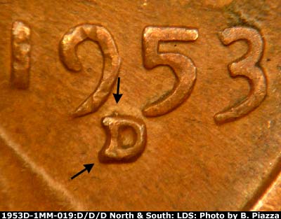Die-stage B marker on 1953D•1MM•019 (1953 Repunched Mint Mark).