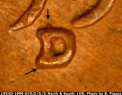 Die-stage B marker on 1953D•1MM•019 (1953 Repunched Mint Mark).