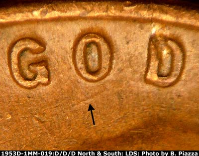 Die-stage B marker on 1953D•1MM•019 (1953 Repunched Mint Mark).