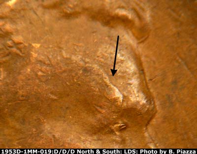 Die-stage B marker on 1953D•1MM•019 (1953 Repunched Mint Mark).
