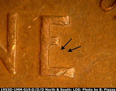 Die-stage B marker on 1953D•1MM•019 (1953 Repunched Mint Mark).