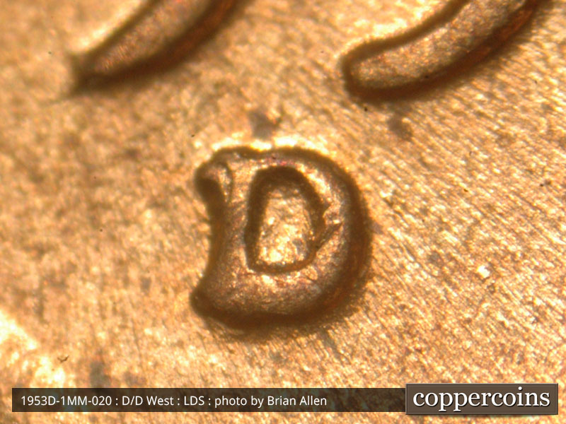 Die-stage C marker on 1953D•1MM•020 (1953 Repunched Mint Mark).