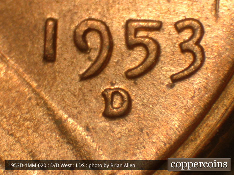 Die-stage C marker on 1953D•1MM•020 (1953 Repunched Mint Mark).
