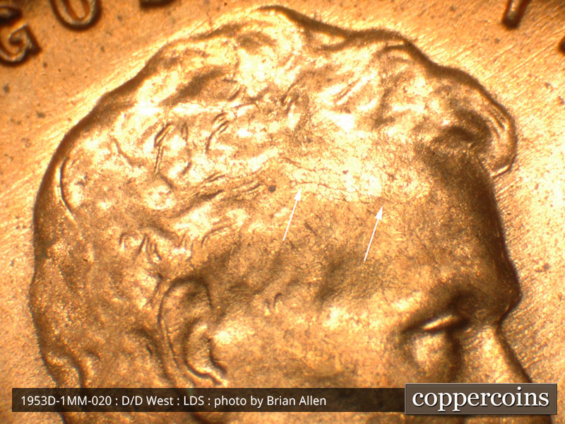 Die-stage C marker on 1953D•1MM•020 (1953 Repunched Mint Mark).