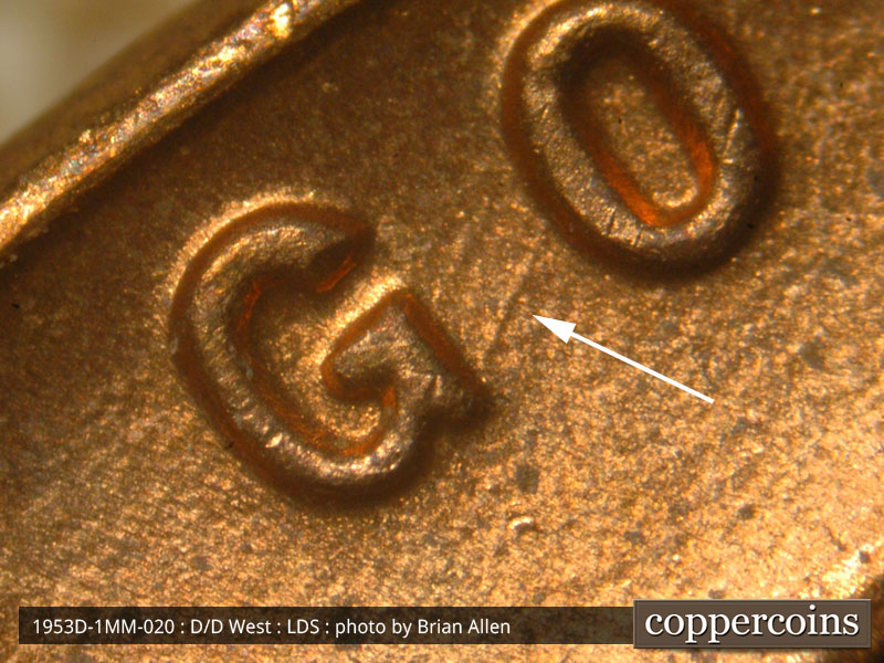 Die-stage C marker on 1953D•1MM•020 (1953 Repunched Mint Mark).