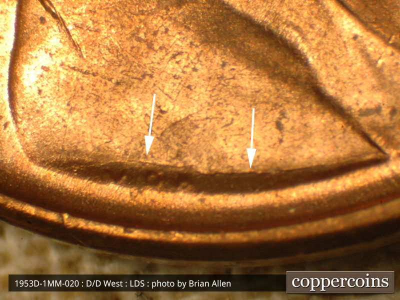 Die-stage C marker on 1953D•1MM•020 (1953 Repunched Mint Mark).