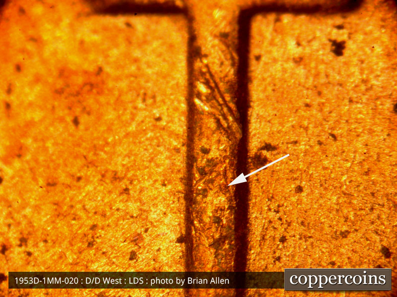 Die-stage C marker on 1953D•1MM•020 (1953 Repunched Mint Mark).