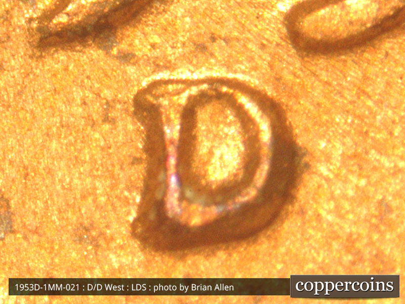 Die-stage C marker on 1953D•1MM•021 (1953 Repunched Mint Mark).