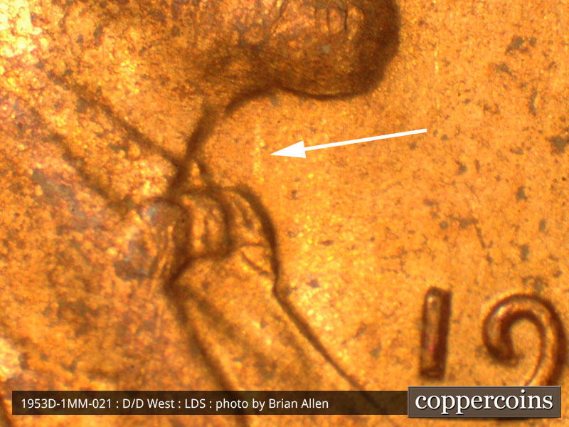 Die-stage C marker on 1953D•1MM•021 (1953 Repunched Mint Mark).