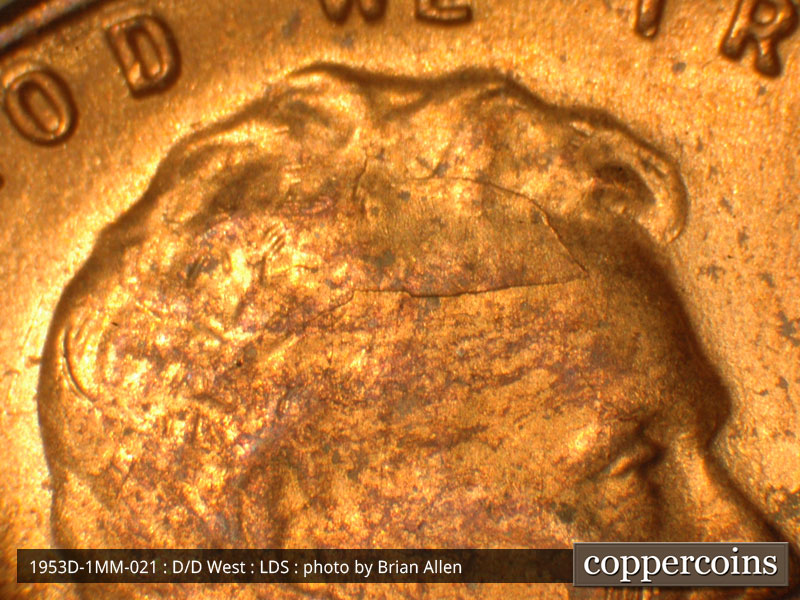 Die-stage C marker on 1953D•1MM•021 (1953 Repunched Mint Mark).