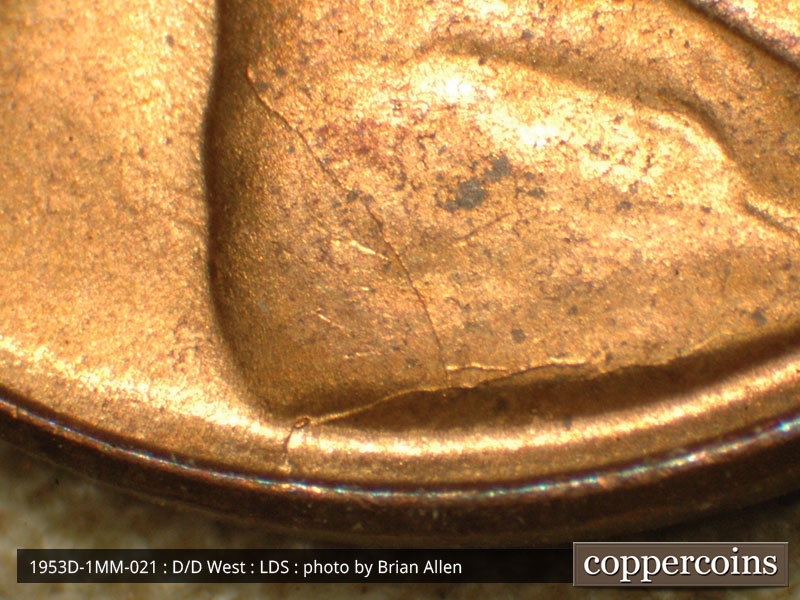 Die-stage C marker on 1953D•1MM•021 (1953 Repunched Mint Mark).