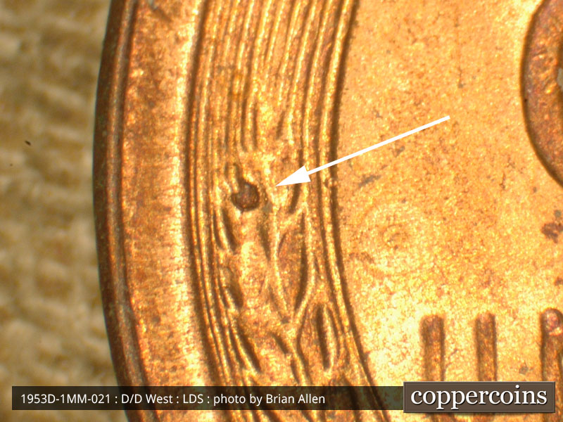 Die-stage C marker on 1953D•1MM•021 (1953 Repunched Mint Mark).