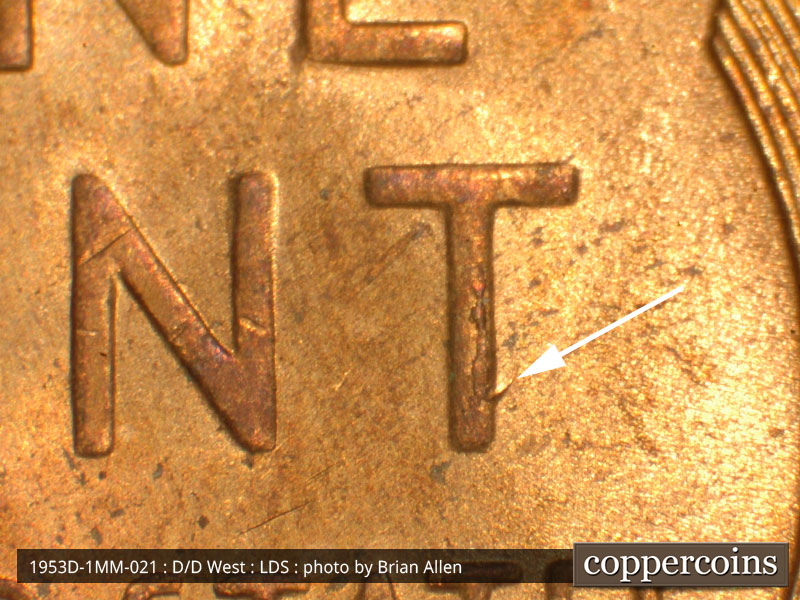 Die-stage C marker on 1953D•1MM•021 (1953 Repunched Mint Mark).