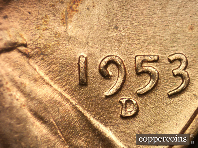 Die-stage B marker on 1953D•1MM•022 (1953 Repunched Mint Mark).