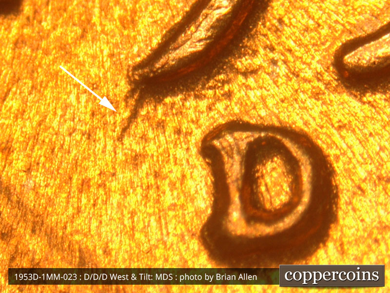 Die-stage B marker on 1953D•1MM•023 (1953 Repunched Mint Mark).