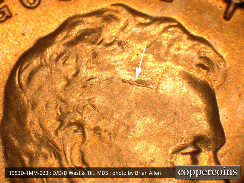 Die-stage B marker on 1953D•1MM•023 (1953 Repunched Mint Mark).
