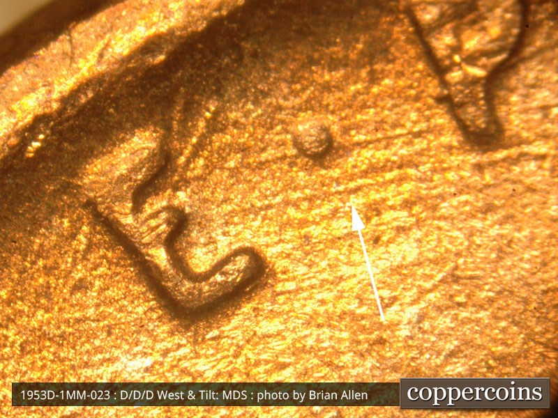 Die-stage B marker on 1953D•1MM•023 (1953 Repunched Mint Mark).