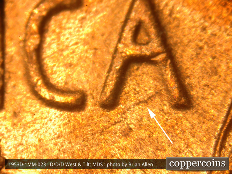 Die-stage B marker on 1953D•1MM•023 (1953 Repunched Mint Mark).