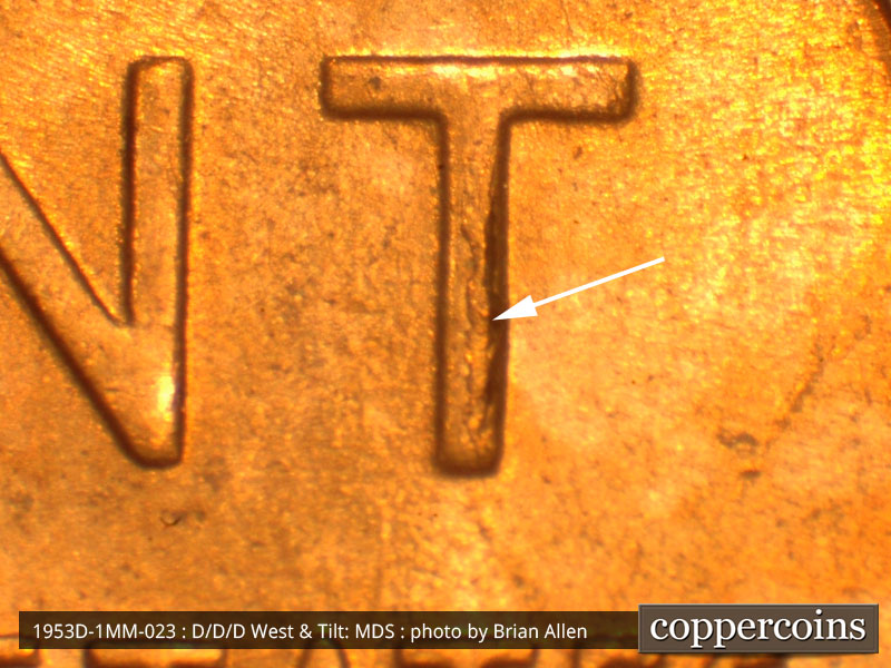 Die-stage B marker on 1953D•1MM•023 (1953 Repunched Mint Mark).