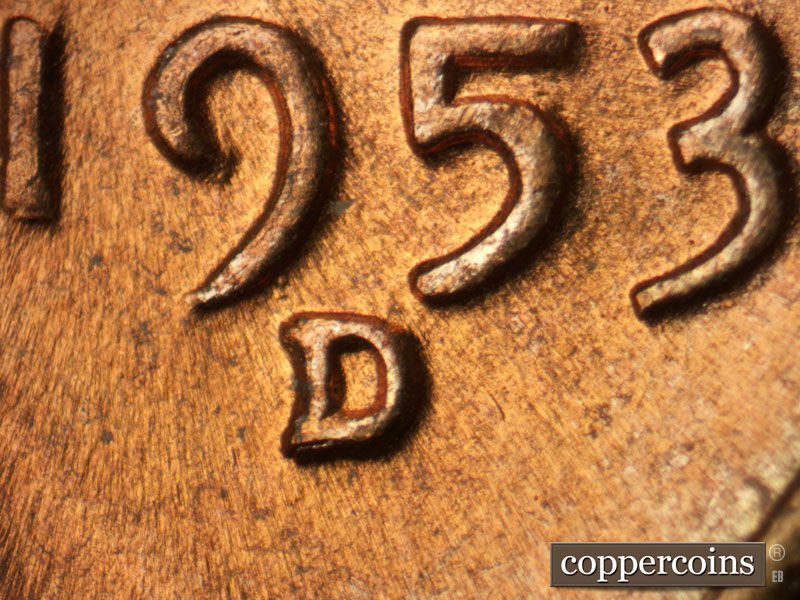 1953 Lincoln cent obverse, CopperCoins die 1953D•1MM•024.