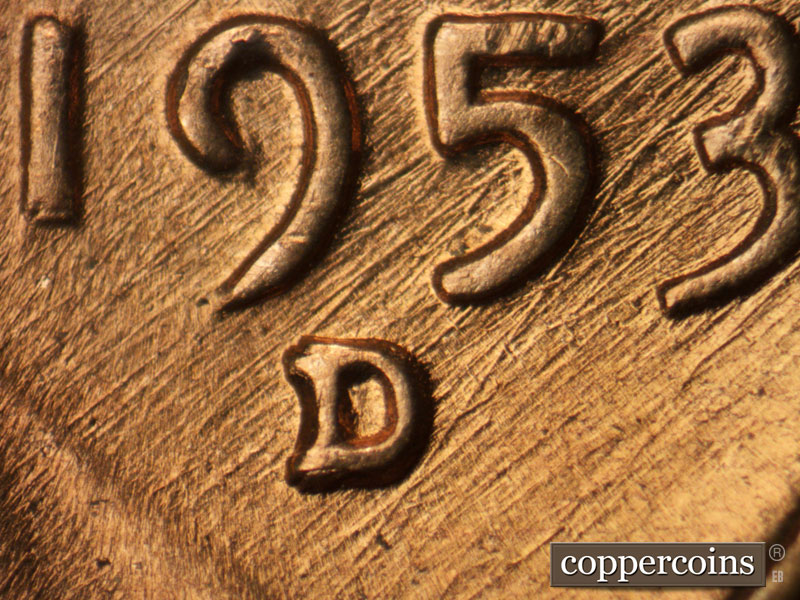 1953 Lincoln cent obverse, CopperCoins die 1953D•1MM•025.