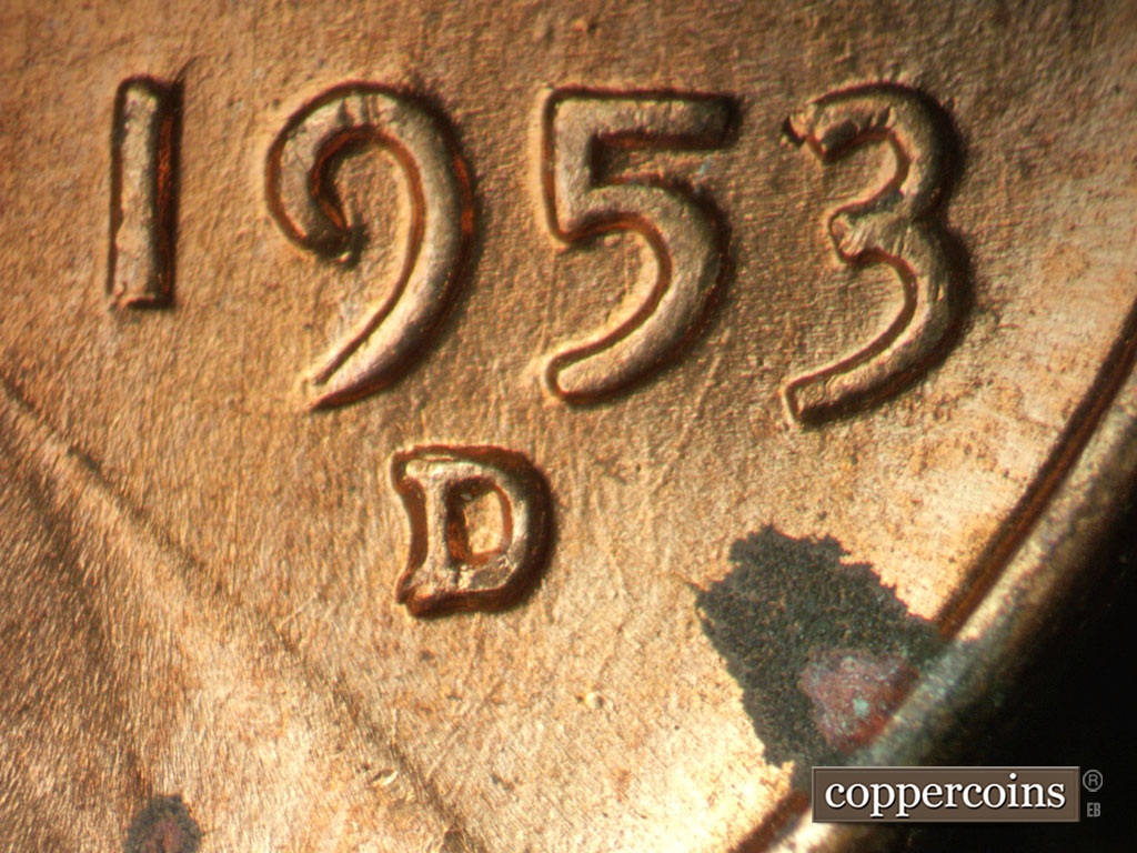 Die-stage A marker on 1953D•1MM•026 showing Closeup of repunched mint mark.