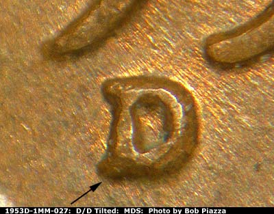 Die-stage B marker on 1953D•1MM•027 (1953 Repunched Mint Mark).