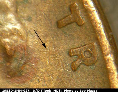 Die-stage B marker on 1953D•1MM•027 (1953 Repunched Mint Mark).
