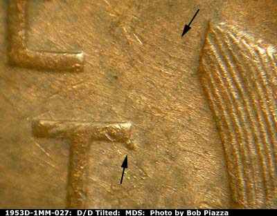 Die-stage B marker on 1953D•1MM•027 (1953 Repunched Mint Mark).