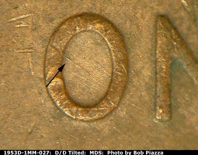 Die-stage B marker on 1953D•1MM•027 (1953 Repunched Mint Mark).