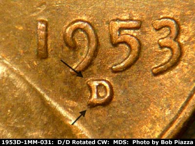 1953 Lincoln cent obverse, CopperCoins die 1953D•1MM•031 — E/W die scratch in 9 of date.