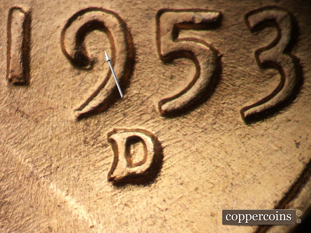Die-stage B marker on 1953D•1MM•031 showing Closeup of repunched mint mark. E/W die scratch in 9 of date.