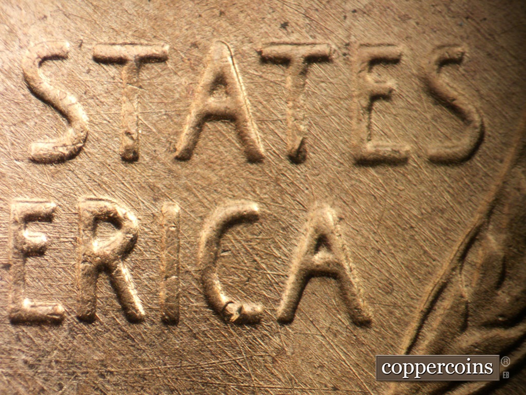 Die-stage B marker on 1953D•1MM•031 showing SE die sfratches through STATES and AMERICA.
