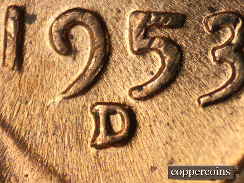 1953 Lincoln cent obverse, CopperCoins die 1953D•1MM•032.