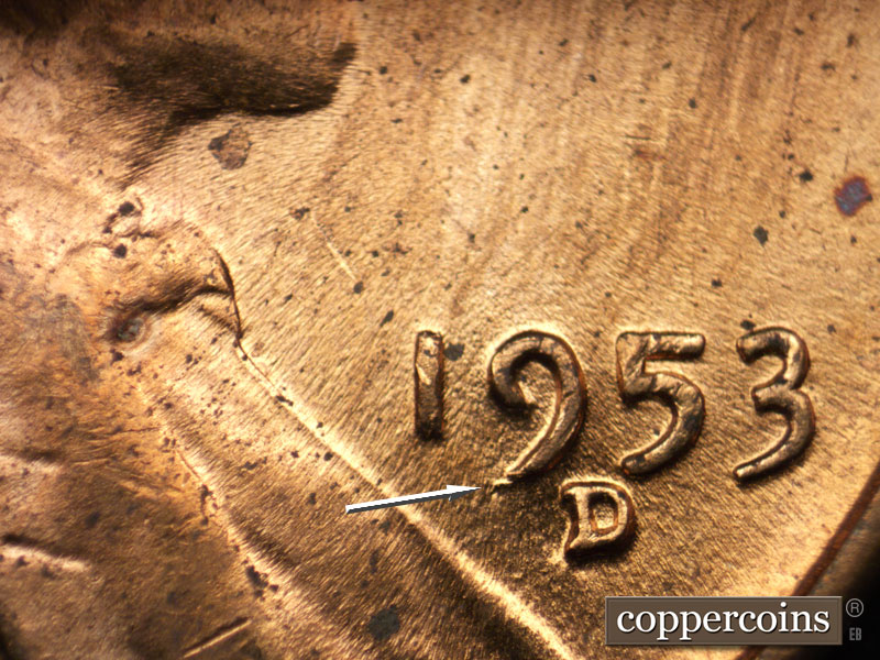 Die-stage B marker on 1953D•1MM•032 (1953 Repunched Mint Mark).